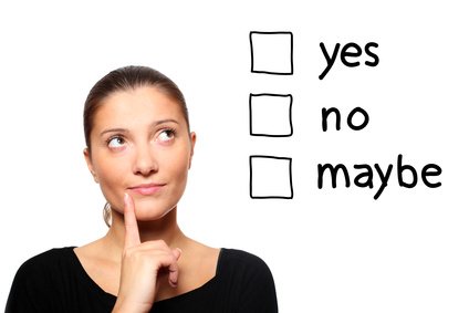 A portrait of a young woman trying to make a decision over white background